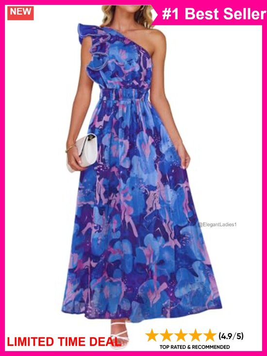 Dresses & Skirts - Women's Floral Sleeveless One Shoulder Ruffle Chiffon Maxi Dress Summer Beach